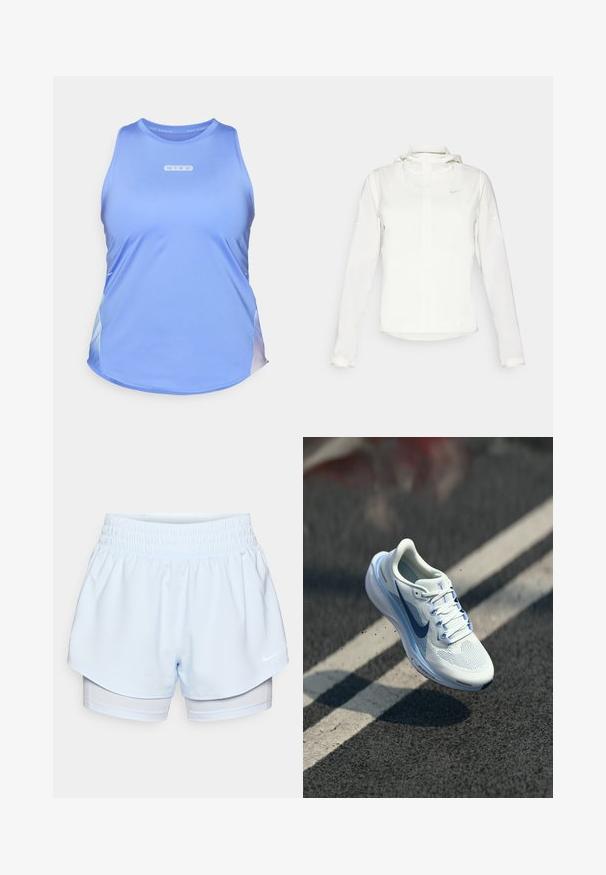 Valkoinen Nike-takki hupulla, täyspitkällä vetoketjulla, joustavilla hihansuilla ja hillityllä logolla rinnassa. Sujuva pinta ja kevyt muotoilu.; Nike juoksupaita vaaleansinisestä kankaasta. Ominaisuuksina pyöreä kaula-aukko, hihaton muotoilu ja hienovaraiset gradienttisävyt helman ympäri.; Vaaleansiniset urheilushortsit, joissa on elastinen vyötärö; ulkokerros on lyhyesti leikattu, sisäkerros on tiukka ja valmistettu hengittävästä kankaasta.; Valkoinen urheilukengät, joissa on hengittävä verkkopinta ja siniset yksityiskohdat. Varustettu pehmeällä pohjalla ja tasaisilla nauhoilla. Keskipohjassa on "Air Zoom" -brändäys.