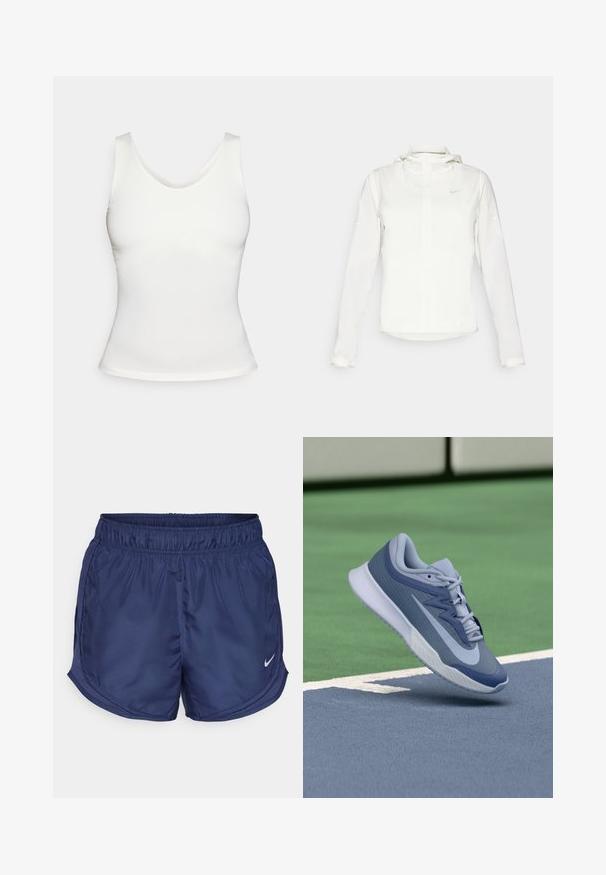 Hvit Nike-jakke med hette, hel glidelås, elastiske mansjetter og en diskret logo på brystet. Glatt tekstur og lett design.; Hvit ermeløs tettsittende tank topp med rund hals på en enkel hvit bakgrunn.; Marine blå treningsshorts med elastisk midje og sideskinnpaneler. Har en liten hvit Nike-logo på nederste venstre side.; Sportssko i lyseblå og marineblå, med en teksturert overdel, flate lisser og en lett hvit såle. Hevet over en baneflate.