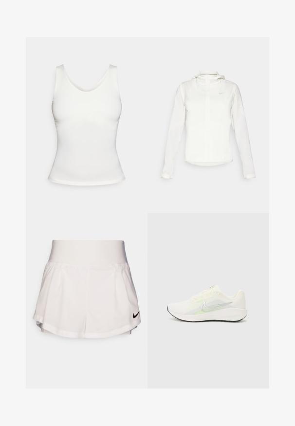 Hvit Nike-jakke med hette, hel glidelås, elastiske mansjetter og en diskret logo på brystet. Glatt tekstur og lett design.; Hvit ermeløs tettsittende tank topp med rund hals på en enkel hvit bakgrunn.; Nike Performance SHORT - Sports shorts - white/black; Nike Performance DOWNSHIFTER 13 - Løpesko for vei - sail/silver-coloured photon dust/summit white/barely volt/black