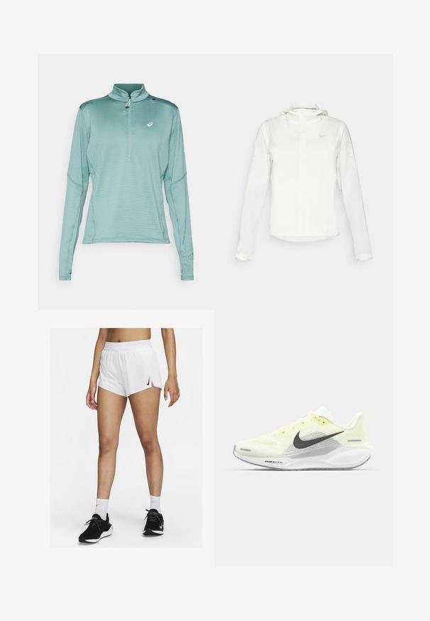 Giacca Nike bianca con cappuccio, zip completa, polsini elasticizzati e un logo discreto sul petto. Texture liscia e design leggero.; Pullover a maniche lunghe in blu teal chiaro con colletto a mezza zip, tessuto testurizzato con motivo a nido d'ape e dettagli riflettenti sulle maniche.; Pantaloncini sportivi bianchi con vita a coste, spacchi laterali e logo Nike nero. Indossati con scarpe da ginnastica nere e calzini bianchi alti.; Scarpe da corsa Nike con una tomaia in rete giallo chiaro e bianco, dettagli grigi e una suola in gomma flessibile. Presentano una chiusura con lacci.