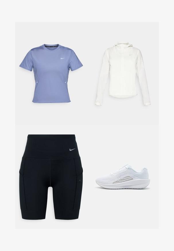 Bílá bunda Nike s kapucí, plným zipem, elastickými manžetami a decentním logem na hrudi. Hladká textura a lehký design.; Sportovní triko s krátkým rukávem ve světle fialové barvě, s kulatým výstřihem a malým bílým logem Nike na levé hrudi.; Černé sportovní šortky s vysokým pasem vyrobené z pružného materiálu; mají boční kapsy a malou Nike logo na pásku.; Bílé sportovní boty s síťovaným vrškem, zaoblenou špičkou a texturovanou podrážkou. Mají stříbrný logo Nike a minimalistický design.