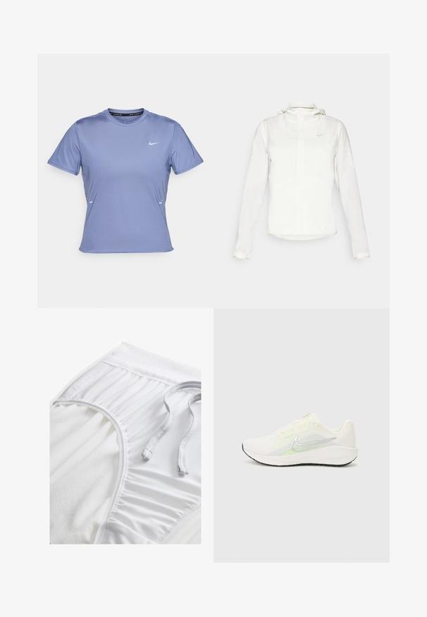 Jachetă albă Nike cu glugă, fermoar pe toată lungimea, manșete elastice și un logo subtil pe piept. Textură netedă și design ușor.; Tricou sport cu mânecă scurtă din material violet deschis, având un guler rotund și un logo mic alb Nike pe partea stângă a pieptului.; Shorts albi de sport cu un tiv texturat, detalii laterale pliate și un șnur plat. Material moale cu un finisaj neted.; Nike Performance DOWNSHIFTER 13 - Pantofi de alergare pe asfalt - sail/silver-coloured photon dust/summit white/barely volt/black