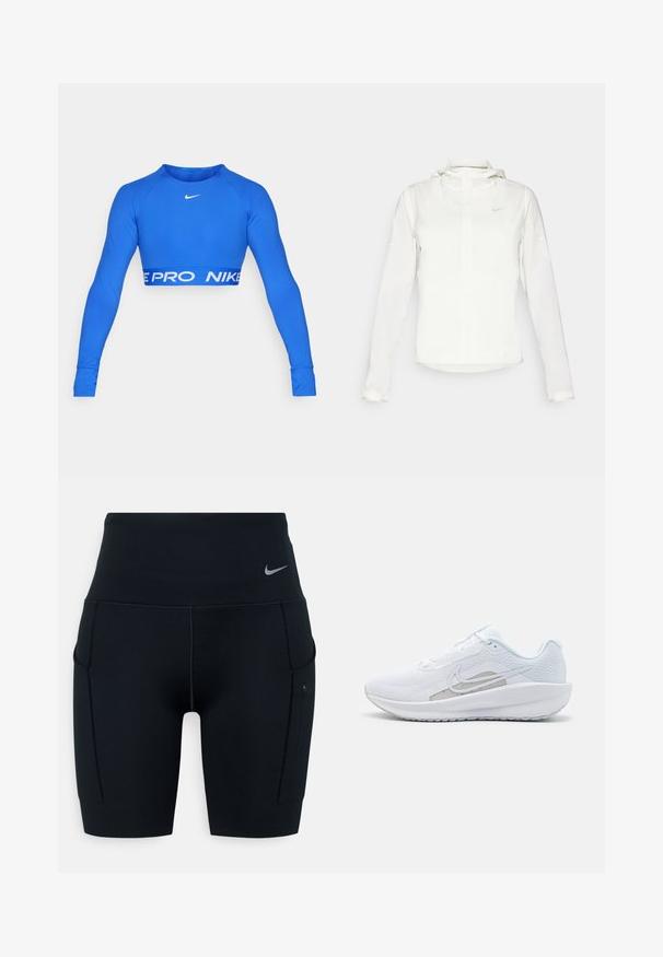 Balta Nike striukė su gobtuvu, pilnu užtrauktuku, elastingomis rankovėmis ir subtiliu logotipu ant krūtinės. Sklandi tekstūra ir lengvas dizainas.; Mėlynas ilgomis rankovėmis trumpas viršus pagamintas iš tamprus audinys. Nuo krūtinės puošia baltas Nike logotipas ir ryškus "NIKE PRO" juosta apatinėje dalyje. Prigludęs dizainas.; Juodos aukšto liemens sportinės šortai, pagaminti iš elastingos medžiagos; turi šonines kišenes ir mažą Nike logotipą ant juosmens.; Baldas sportinis batelis su tinkleliu viršuje, apvaliu toe ir tekstūruota padais. Pabrėžia sidabrinį Nike swoosh ir minimalistinį dizainą.