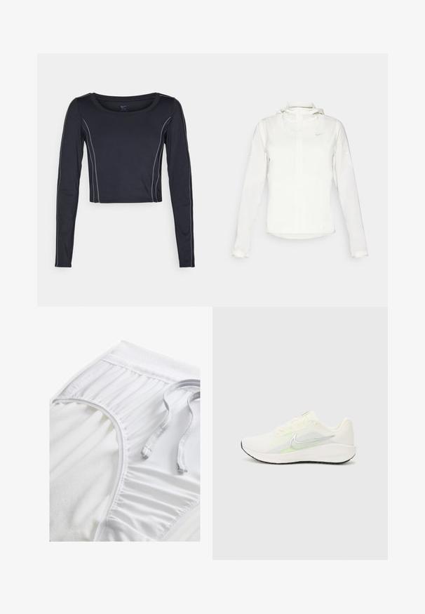 Hvit Nike-jakke med hette, hel glidelås, elastiske mansjetter og en diskret logo på brystet. Glatt tekstur og lett design.; Mørk marineblå langermet cropped topp med rund halsutskjæring. Har lys grå sømmer langs sømmene. Laget av elastisk stoff for komfort.; Hvite treningse shorts med strukturert midjebånd, samlede side detaljer og flat snøring. Myk stoff med glatt overflate.; Nike Performance DOWNSHIFTER 13 - Løpesko for vei - sail/silver-coloured photon dust/summit white/barely volt/black