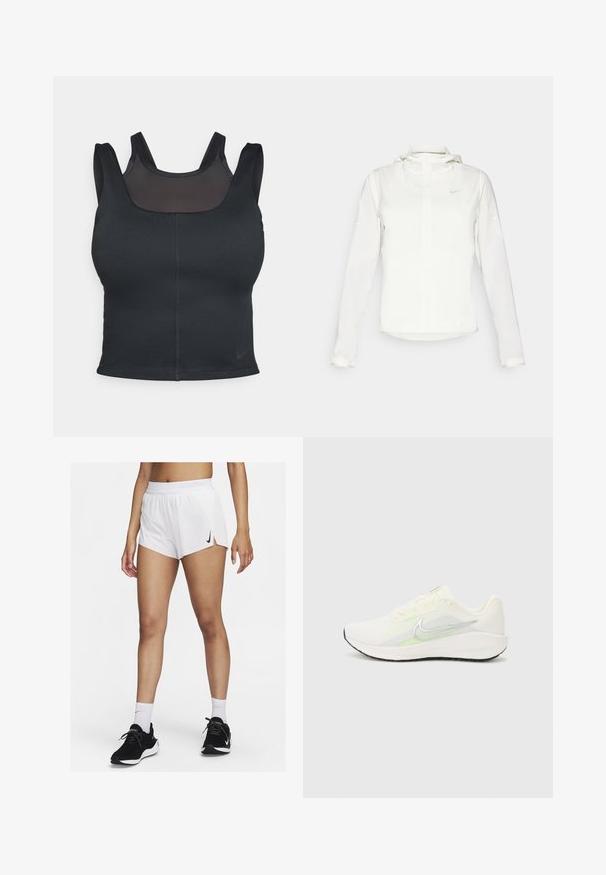 Balta Nike jaka ar kapuci, pilna rāvējslēdzēja, elastīgām piedurknēm un diskrētu logotipu uz krūšu daļas. Gluda tekstūra un viegla konstrukcija.; Melnas sporta krūšturis ar pieguļošu dizainu, platām siksnām un acs pārklājumu priekšpusē. Gluda tekstūra un minimālas vīles. Nike logo apakšmalā.; Baltas sporta šorti ar ribotu jostas vietu, sānu šķēlumiem un melnu Nike logotipu. Valkāti ar melniem sporta apaviem un baltām ikru zeķēm.; Nike Performance DOWNSHIFTER 13 - Apavi skriešanai pa asfaltu - sail/silver-coloured photon dust/summit white/barely volt/black