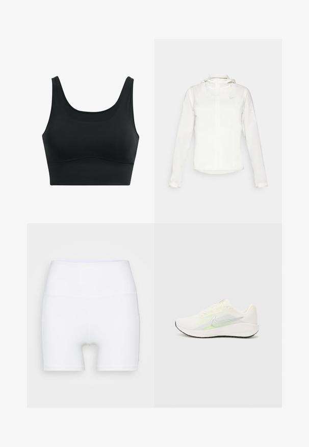 Valge Nike jakker, millel on kapuuts, täispikk tõmblukk, elastsed mansetid ja diskreetne logo rinnal. Sile tekstuur ja kerge disain.; Musta spordirinnahoidja sujuvast kangast, millel on ümar kaelus, laiad rihmad ja ilma õmblusteta disain koos kõverate servadega.; Valged kõrge vöökohaga lühikesed püksid, mis on valmistatud venivast kangast. Omab siledat tekstuuri ja mugavat lõiget, ilma lisamustrideta või -detailideta.; Nike Performance DOWNSHIFTER 13 - Maanteejooksu jalatsid - sail/silver-coloured photon dust/summit white/barely volt/black