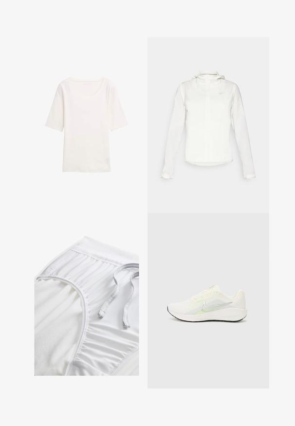 Weiße Nike-Jacke mit Kapuze, durchgehendem Reißverschluss, elastischen Bündchen und einem dezenten Logo auf der Brust. Glatte Textur und leichtes Design.; Weißes Kurzarm-T-Shirt mit Rundhalsausschnitt, aus weichem Stoff. Glatte Textur, einfaches Design und keine sichtbaren Muster oder Akzente.; Weiße Sportshorts mit einem strukturierten Taillenbund, gerafften Seitendetails und einem flachen Kordelzug. Weicher Stoff mit glatter Oberfläche.; Nike Performance DOWNSHIFTER 13 - Laufschuh Straße - sail/silver-coloured photon dust/summit white/barely volt/black