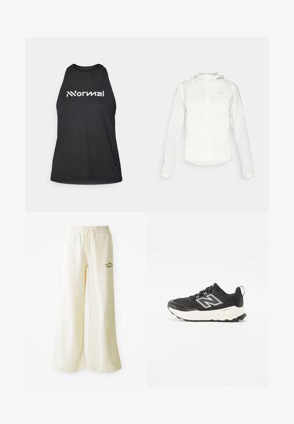 Biała kurtka Nike z kapturem, na zamek błyskawiczny, elastyczne mankiety i subtelne logo na piersi. Gładka tekstura i lekka konstrukcja.; Czarny sportowy top na ramiączkach z fakturowanej tkaniny. Posiada wysoki dekolt i biały tekst logo "Normal" z przodu. Bez rękawów.; Kremowe długie spodnie dresowe z elastycznym pasem i regulowanym sznurkiem. Haftowany zielony napis "Athletic" z przodu. Miękka tkanina.; Czarne buty sportowe z teksturowaną cholewką, kontrastującą białą podeszwą środkową oraz wyraźnym szarym logo po boku. Gumowa podeszwa z bieżnikiem.
