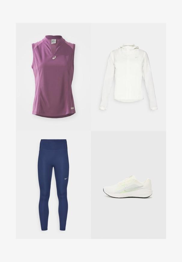 Chaqueta blanca de Nike con capucha, cremallera completa, puños elásticos y un logo sutil en el pecho. Textura suave y diseño ligero.; Top morado sin mangas con cuello mandarín, hecho de una tela transpirable. Presenta un logo reflectante y paneles texturizados en los hombros.; Leggings navy con una cintura alta, hechos de tela elástica. Presentan costuras sutiles y un pequeño logo blanco de Nike en el muslo izquierdo.; Nike Performance DOWNSHIFTER 13 - Zapatillas running asfalto - sail/silver-coloured photon dust/summit white/barely volt/black