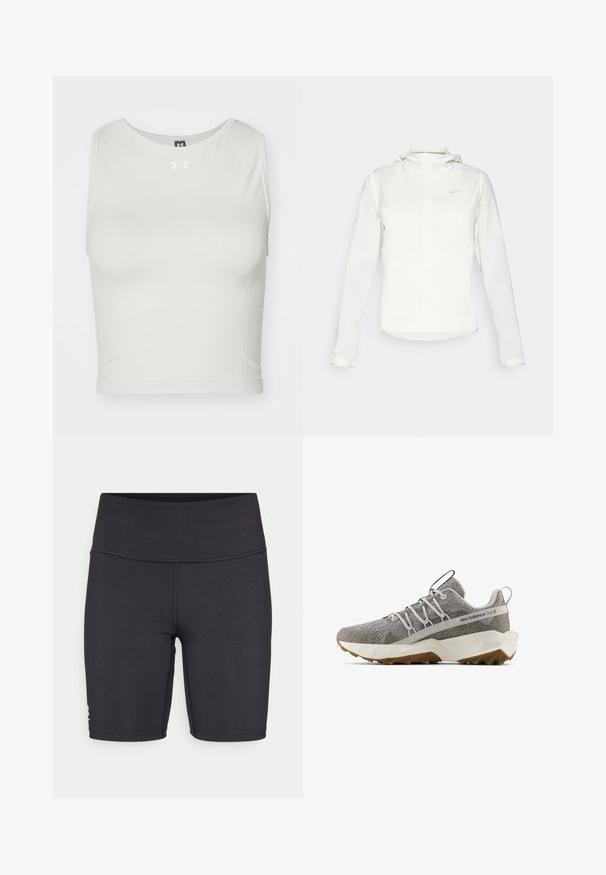 Biela Nike bunda s kapucňou, plným zipsom, elastickými manžetami a jemným logom na hrudi. Hladká textúra a ľahký dizajn.; Biele skrátené športové tričko vyrobené z hladkej, elastickej látky s okrúhlym výstrihom a bez rukávov; na prednej strane sa nachádza malé logo v strede.; Čierne športové šortky vyrobené z elastického materiálu, s vysokým pásom a detailmi plochého švu. Navrhnuté pre pohodlie a pohyblivosť.; Sivé tenisky New Balance s textúrovaným pleteným zvrškom, bielou geometrickou podrážkou, hnedým vzorom na podrážke, elastickým dizajnom šnúrky a pútkami na jazyku a päte.