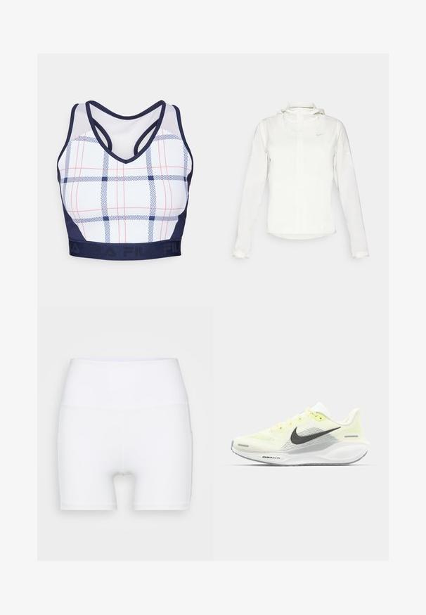 Witte Nike-jack met een capuchon, volledige rits, elastische manchetten en een subtiele logo op de borst. Gladde textuur en lichtgewicht ontwerp.; Geruite sportbeha met een witte basis, blauw-rood ruitpatroon, marineblauwe afwerking en racerback ontwerp. Beschikt over een elastische band met logo.; Witte hoge taille shorts van rekbare stof. Kenmerken een gladde textuur en een aansluitend ontwerp, zonder extra patronen of hardware.; Nike hardloopschoenen met een lichtgele en witte mesh bovenkant, grijze accenten en een flexibele rubberen zool. Voorzien van een vetersluiting.