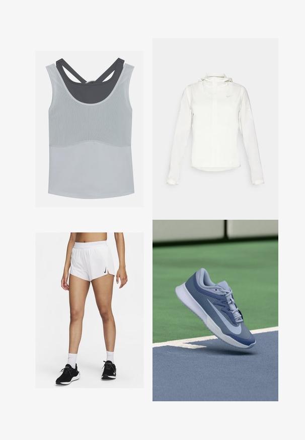 Jachetă albă Nike cu glugă, fermoar pe toată lungimea, manșete elastice și un logo subtil pe piept. Textură netedă și design ușor.; Even&Odd active Top - light grey/dark grey; Pantaloni scurți albi pentru atletism cu talie cu dungi, fante laterale și un logo Nike negru. Purtați cu adidași negri și șosete albe până la glezne.; Adidași sport cu nuanțe de albastru deschis și marin, având un material superior texturat, șireturi plate și o talpă ușoară albă. Ridicați deasupra unei suprafețe de teren.