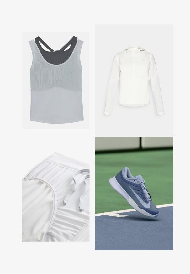Bílá bunda Nike s kapucí, plným zipem, elastickými manžetami a decentním logem na hrudi. Hladká textura a lehký design.; Even&Odd active Top - light grey/dark grey; Bílé sportovní šortky s texturovaným pasem, na bocích s nabíranými detaily a plochou šňůrkou. Měkká látka s hladkým povrchem.; Sportovní tenisky v světle modré a námořnické barvě, s texturovaným svrškem, plochými tkaničkami a lehkou bílou podrážkou. Zvýšené nad povrchem kurtu.