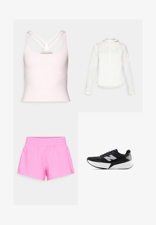 Giacca Nike bianca con cappuccio, zip completa, polsini elasticizzati e un logo discreto sul petto. Texture liscia e design leggero.; Fabletics PRINCIPAL BUILT IN BRA TANK - Top - sugar pink; Pantaloni sportivi rosa brillante con elastico in vita e piccolo logo grigio Nike sull'orlo sinistro in basso su sfondo bianco.; Scarpa da corsa New Balance in bianco e nero con suola spessa, parte superiore in rete e logo "N" sul lato, vista dal lato esterno.