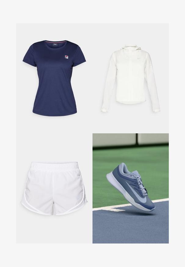 White Nike jacket with a hood, full zip, elastic cuffs, and a subtle logo on the chest. Smooth texture and lightweight design.; Navy blue short-sleeve t-shirt made of smooth fabric, featuring a small Fila logo on the left chest. Round neckline and classic fit.; White athletic shorts made of lightweight, breathable fabric. Features an elastic waistband and mesh side panels, with a small blue logo accent.; Sport sneaker in light blue and navy, featuring a textured upper, flat laces, and a lightweight white sole. Elevated above a court surface.