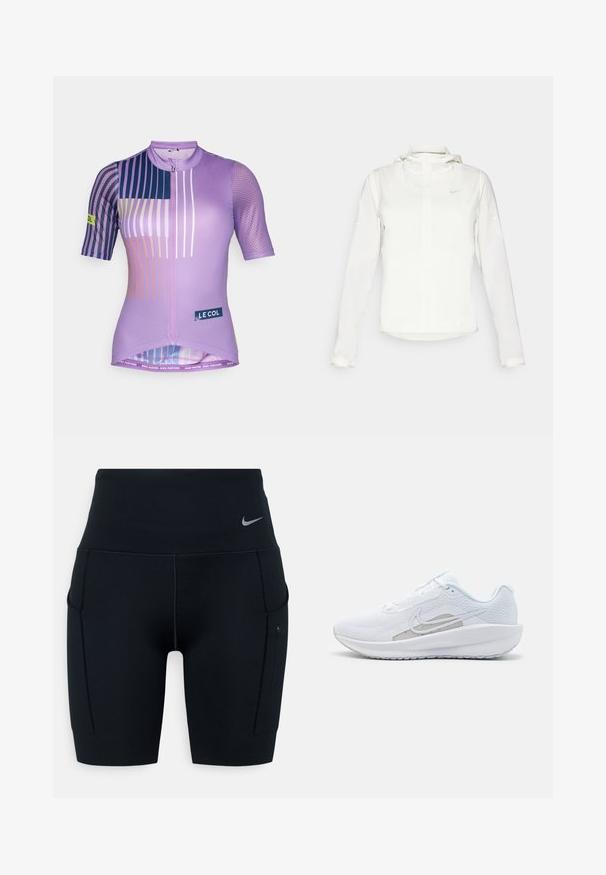 Casaco branco da Nike com capuz, fecho completo, punhos elásticos e um logótipo subtil no peito. Textura suave e design leve.; Jersey de ciclismo roxo com mangas curtas, apresentando padrões geométricos em várias cores, fecho com rabo de peixe, elementos em malha e um rótulo com logótipo.; Calças curtas atléticas altas pretas feitas de material elástico; apresentam bolsos laterais e um pequeno logótipo da Nike na cintura.; Sapatilha atlética branca com parte superior em rede, bico arredondado e sola texturizada. Apresenta o símbolo Nike em prata e um design minimalista.