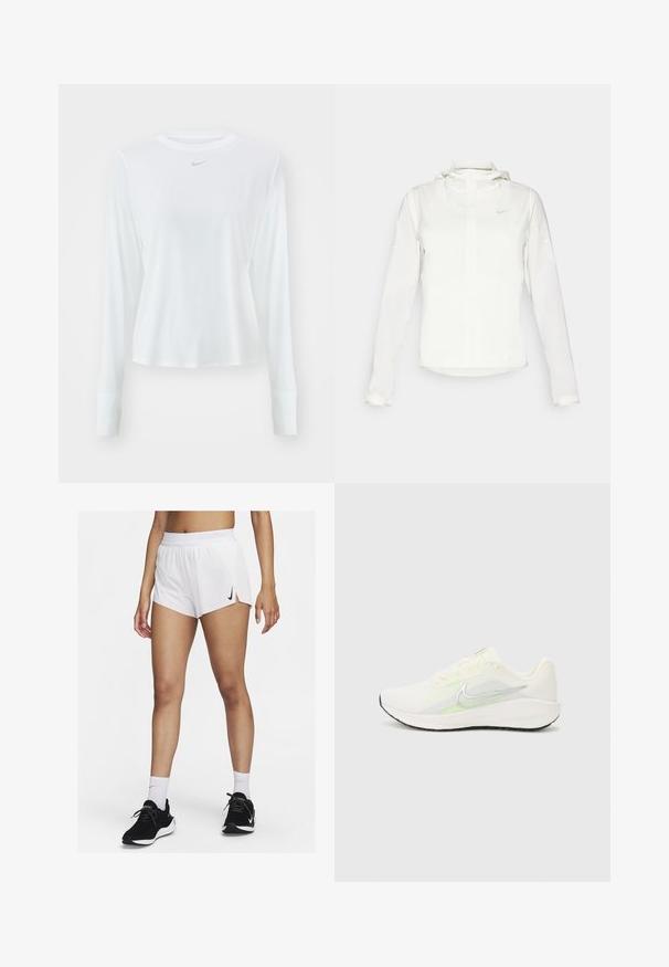 White Nike jacket with a hood, full zip, elastic cuffs, and a subtle logo on the chest. Smooth texture and lightweight design.; Long-sleeve white athletic shirt made of lightweight material, featuring a rounded neckline and a small gray Nike logo on the chest.; White athletic shorts with a ribbed waistband, side slits, and a black Nike logo. Worn with black sneakers and white crew socks.; Nike Performance DOWNSHIFTER 13 - Road running shoes - sail/silver-coloured photon dust/summit white/barely volt/black