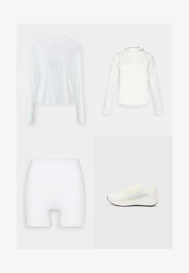 Valge Nike jakker, millel on kapuuts, täispikk tõmblukk, elastsed mansetid ja diskreetne logo rinnal. Sile tekstuur ja kerge disain.; Kerge valge pikkade varrukatega spordipaita, millel on ümar kaelus ja rinnal väike hall Nike logo.; Valged kõrge vöökohaga lühikesed püksid, mis on valmistatud venivast kangast. Omab siledat tekstuuri ja mugavat lõiget, ilma lisamustrideta või -detailideta.; Nike Performance DOWNSHIFTER 13 - Maanteejooksu jalatsid - sail/silver-coloured photon dust/summit white/barely volt/black