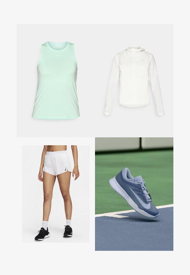 Witte Nike-jack met een capuchon, volledige rits, elastische manchetten en een subtiele logo op de borst. Gladde textuur en lichtgewicht ontwerp.; Lichtgroen Nike mouwloos sporttopje met een ronde halslijn en een klein wit logo op de borst, weergegeven tegen een witte achtergrond.; Witte sportshorts met een geribbelde tailleband, zijsplitten en een zwarte Nike-logo. Draag ze met zwarte sneakers en witte kousen tot aan de kuit.; Sport sneaker in lichtblauw en marineblauw, met een gestructureerde bovenkant, platte veters en een lichte witte zool. Verhoogd boven een speelveld.