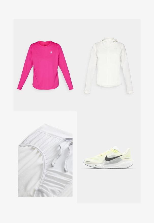 White Nike jacket with a hood, full zip, elastic cuffs, and a subtle logo on the chest. Smooth texture and lightweight design.; Long-sleeve athletic shirt in bright pink, made of stretchy fabric. Features a round neckline and a small white logo on the chest.; White athletic shorts with a textured waistband, gathered side details, and a flat drawstring. Soft fabric with smooth finish.; Nike running shoes with a light yellow and white mesh upper, grey accents, and a flexible rubber sole. Features a lace-up closure.