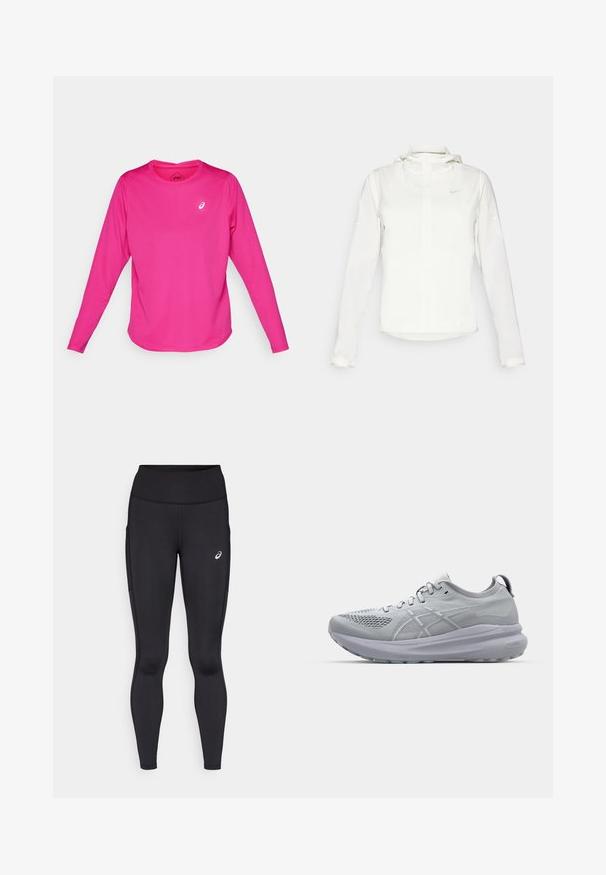 White Nike jacket with a hood, full zip, elastic cuffs, and a subtle logo on the chest. Smooth texture and lightweight design.; Long-sleeve athletic shirt in bright pink, made of stretchy fabric. Features a round neckline and a small white logo on the chest.; Black leggings with a high waistband, made from smooth, stretchy material. Features a subtle logo on the thigh and side pockets.; Light gray running shoe with a mesh upper, prominent cushioning sole, and reflective accents. Laces are centrally positioned on the tongue.