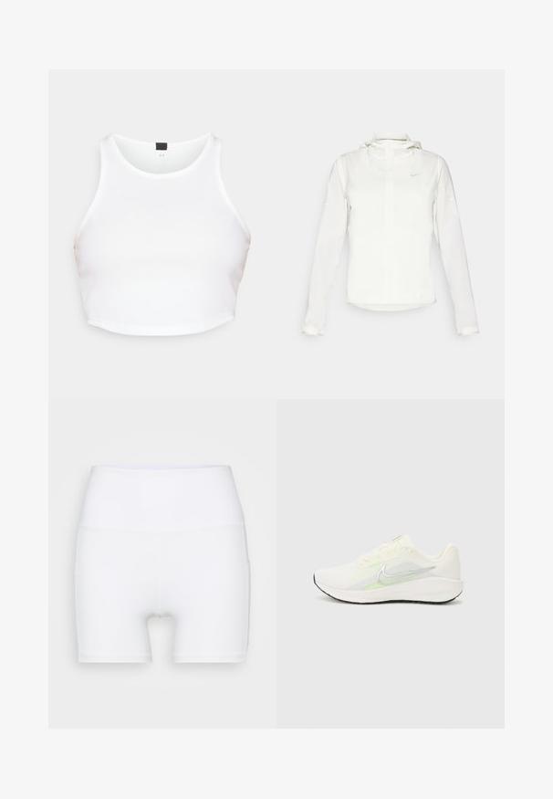 Veste blanche Nike avec capuche, fermeture éclair intégrale, poignets élastiques et un logo discret sur la poitrine. Texture lisse et design léger.; Crop top blanc à côtes avec un décolleté arrondi et des bretelles larges, présentant une texture subtile et une étiquette noire au cou au dos.; Shorts blancs taille haute en tissu extensible. Fabriqués avec une texture lisse et un design ajusté, sans motifs ni accessoires supplémentaires.; Nike Performance DOWNSHIFTER 13 - Chaussures de running sur route - sail/silver-coloured photon dust/summit white/barely volt/black