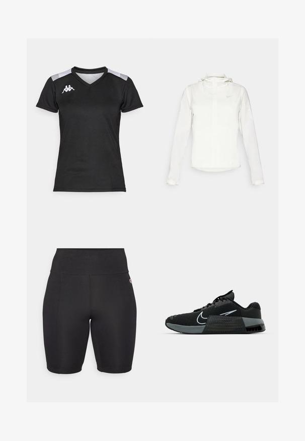 Bílá bunda Nike s kapucí, plným zipem, elastickými manžetami a decentním logem na hrudi. Hladká textura a lehký design.; Černé sportovní tričko s krátkým rukávem. Obsahuje design s výstřihem do V, šedé akcenty na ramenou a bílé logo na levé hrudi. Hladká textura.; Černé sportovní šortky s vysokým pasem, vyrobené z hladké, elastické látky. Obsahují malé logo na boku a mají přiléhavý střih.; Černá sportovní bota s síťovaným svrškem, šedými akcenty a texturovanou mezipodešví. Obsahuje výrazné logo a design na šněrování. Gumová podešev pro trakci.