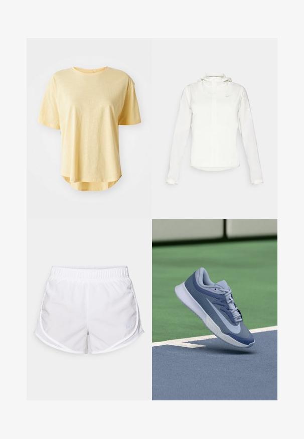 Balta Nike striukė su gobtuvu, pilnu užtrauktuku, elastingomis rankovėmis ir subtiliu logotipu ant krūtinės. Sklandi tekstūra ir lengvas dizainas.; Geltona trumpa rankovėmis marškinėliai su laisvu siluetu, apvali iškirptė, šiek tiek išlenktas hem ir minkšta audinio tekstūra.; Balti sportiniai šortai, pagaminti iš lengvo, kvėpuojančio audinio. Turi elastinį juosmenį ir tinklines šonines detales, su mažo mėlyno logotipo akcentu.; Sportiniai batai šviesiai mėlynos ir tamsiai mėlynos spalvos, su tekstūruota viršutine dalimi, plokščiomis raišteliais ir lengva balta padu. Pakelti virš aikštelės paviršiaus.
