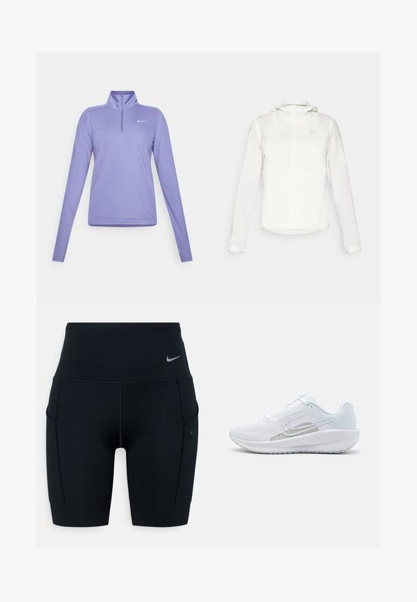 White Nike jacket with a hood, full zip, elastic cuffs, and a subtle logo on the chest. Smooth texture and lightweight design.; Purple long-sleeve top with a half-zip collar, featuring a Nike logo on the chest. Made of soft, smooth fabric with a fitted design.; Black high-waisted athletic shorts made of stretchy material; features side pockets and a small Nike logo on the waistband.; White athletic shoe with mesh upper, rounded toe, and textured sole. Features a silver Nike swoosh and minimalistic design.