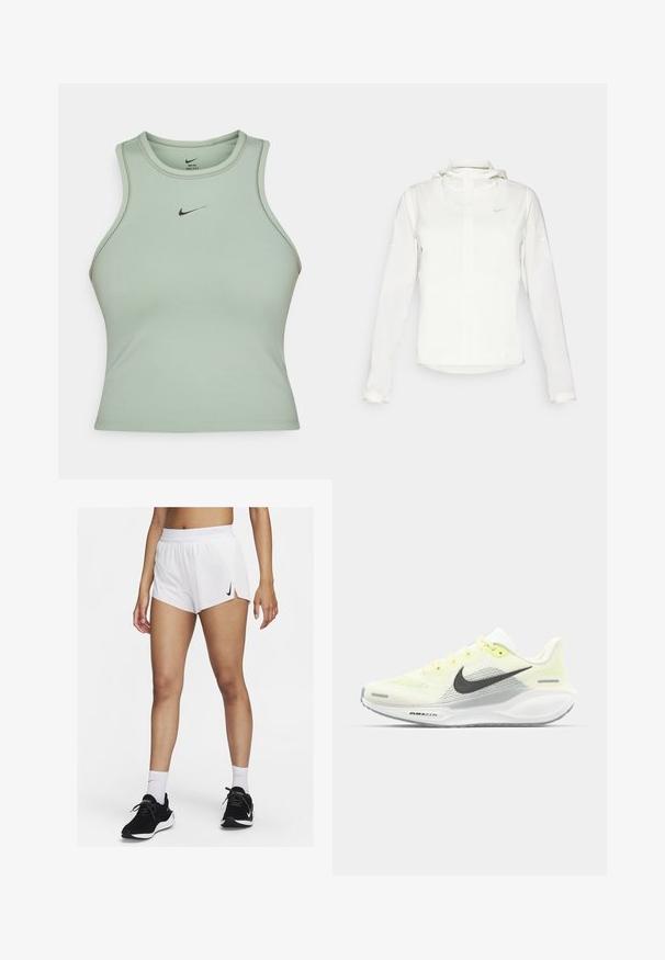 Chaqueta blanca de Nike con capucha, cremallera completa, puños elásticos y un logo sutil en el pecho. Textura suave y diseño ligero.; Camiseta deportiva sin mangas de color verde claro hecha de un tejido suave. Presenta un pequeño logotipo negro de Nike en el frente y detalles de costura sutiles.; Pantalones cortos deportivos blancos con cinturilla acanalada, aberturas laterales y un logo negro de Nike. Se llevan con zapatillas negras y calcetines blancos hasta la mitad de la pantorrilla.; Zapatillas de correr Nike con una parte superior de malla en amarillo claro y blanco, detalles en gris y una suela de goma flexible. Cuenta con un cierre de cordones.