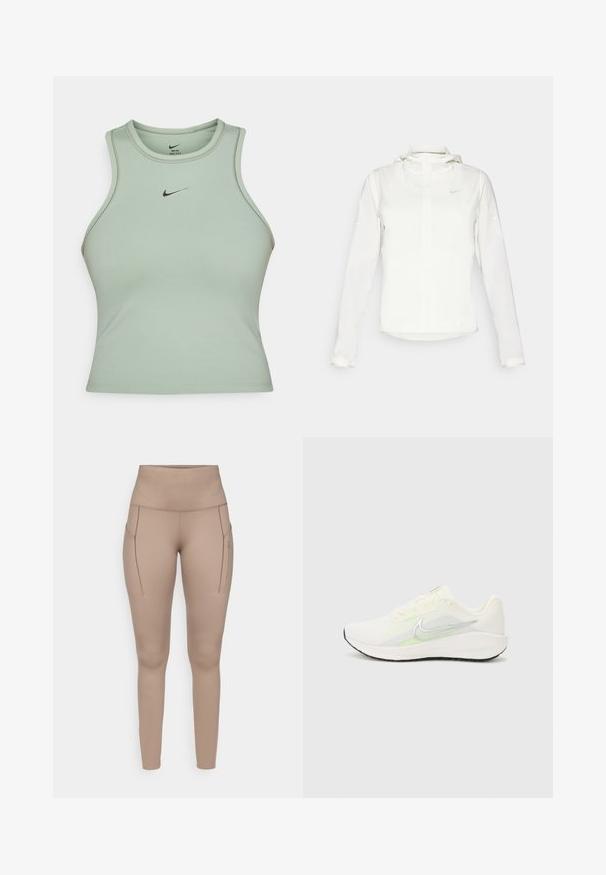 Bela Nike jakna s kapuco, polno zadrgo, elastičnimi manšetami in diskretnim logotipom na prsih. Gladka tekstura in lahko oblikovanje.; Svetlozeleni bezrokavnik za šport, narejen iz gladkega blaga. Ima majhen črn logotip Nike na sprednji strani in subtilne podrobnosti šivov.; Beige športne legice z visokim pasom, ki imajo dva stranska žepa in gladek, elastičen material. Diskreten grafični logotip v sivi barvi.; Nike Performance DOWNSHIFTER 13 - Tekaški copati za cesto - sail/silver-coloured photon dust/summit white/barely volt/black