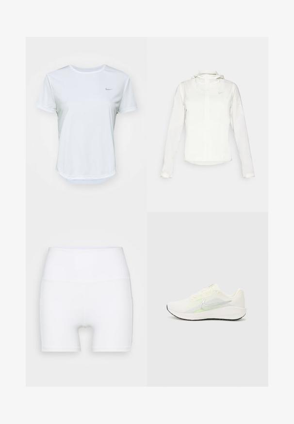 Biała kurtka Nike z kapturem, na zamek błyskawiczny, elastyczne mankiety i subtelne logo na piersi. Gładka tekstura i lekka konstrukcja.; Biała koszulka sportowa z krótkim rękawem, okrągłym dekoltem i subtelnym szarym logo Nike na lewej piersi. Gładki, przewiewny materiał.; Białe szorty z wysokim stanem wykonane z elastycznej tkaniny. Charakteryzują się gładką teksturą i dopasowanym krojem, bez dodatkowych wzorów czy elementów metalowych.; Nike Performance DOWNSHIFTER 13 biały