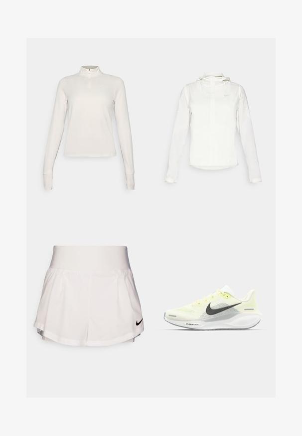 Weiße Nike-Jacke mit Kapuze, durchgehendem Reißverschluss, elastischen Bündchen und einem dezenten Logo auf der Brust. Glatte Textur und leichtes Design.; Langarmshirt mit Reißverschlusskragen in hellbeige. Glatter, strukturiert Stoff mit taillierter Passform. Mit kleinem Logo auf der linken Brust.; Nike Performance SHORT - Kurze Sporthose - white/black; Nike Laufschuhe mit einem hellgelben und weißen Mesh-Obermaterial, grauen Akzenten und einer flexiblen Gummisohle. Verfügt über einen Schnürverschluss.