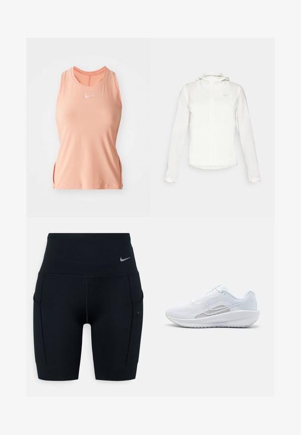 White Nike jacket with a hood, full zip, elastic cuffs, and a subtle logo on the chest. Smooth texture and lightweight design.; Pink sleeveless athletic top with a round neckline, side slits, and embroidered logo on the chest. Made from smooth, stretchy fabric.; Black high-waisted athletic shorts made of stretchy material; features side pockets and a small Nike logo on the waistband.; White athletic shoe with mesh upper, rounded toe, and textured sole. Features a silver Nike swoosh and minimalistic design.