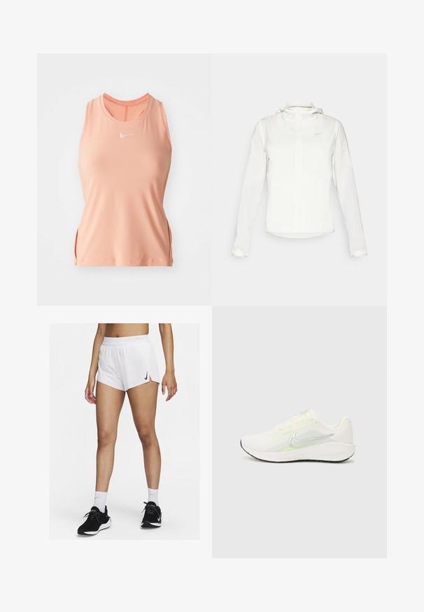 White Nike jacket with a hood, full zip, elastic cuffs, and a subtle logo on the chest. Smooth texture and lightweight design.; Pink sleeveless athletic top with a round neckline, side slits, and embroidered logo on the chest. Made from smooth, stretchy fabric.; White athletic shorts with a ribbed waistband, side slits, and a black Nike logo. Worn with black sneakers and white crew socks.; Nike Performance DOWNSHIFTER 13 - Road running shoes - sail/silver-coloured photon dust/summit white/barely volt/black