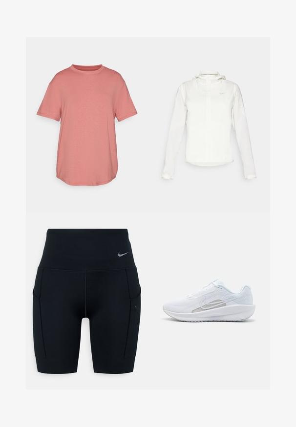 Casaco branco da Nike com capuz, fecho completo, punhos elásticos e um logótipo subtil no peito. Textura suave e design leve.; Nike Performance ONE RELAXED TOP - T-shirt desportiva - canyon pink/black; Calças curtas atléticas altas pretas feitas de material elástico; apresentam bolsos laterais e um pequeno logótipo da Nike na cintura.; Sapatilha atlética branca com parte superior em rede, bico arredondado e sola texturizada. Apresenta o símbolo Nike em prata e um design minimalista.
