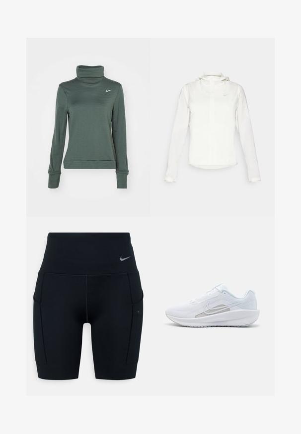 Valge Nike jakker, millel on kapuuts, täispikk tõmblukk, elastsed mansetid ja diskreetne logo rinnal. Sile tekstuur ja kerge disain.; Nike Performance THERMA-FIT SWIFT - Pikkade varrukatega topp - vintage green/silver; Mustad kõrge vöökohaga sportlikud lühikesed püksid, valmistatud venivast materjalist; külgedel on taskud ja vööl väike Nike logo.; Valge sportlik king, millel on võrgusilmast ülemine osa, ümar varvas ja tekstureeritud tallad. Omab hõbedast Nike logo ja minimalistikku disaini.