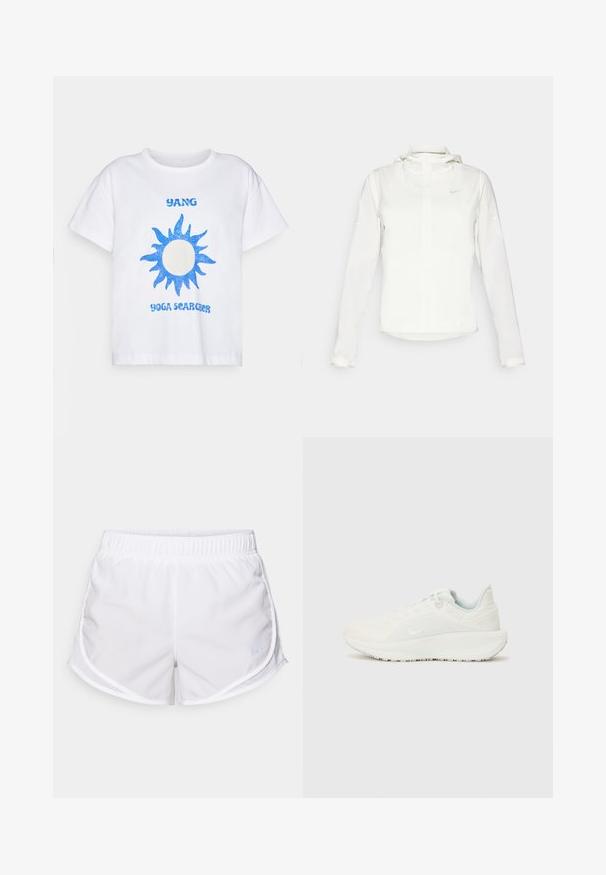Hvit Nike-jakke med hette, hel glidelås, elastiske mansjetter og en diskret logo på brystet. Glatt tekstur og lett design.; Hvit bomulls t-skjorte med blå glitrende solgrafikk og teksten "YANG YOGA SEARCHER" i blå skrift. Korte ermer og avslappet passform.; HVITE treningshorts laget av lett og pustende stoff. Har et elastisk midjebånd og mesh-sidemateriale, med en liten blå logo som detalj.; Hvite sportsko med teksturert overdel, polstret krage og snøring. Har en buet såle og subtil merkevare på siden.