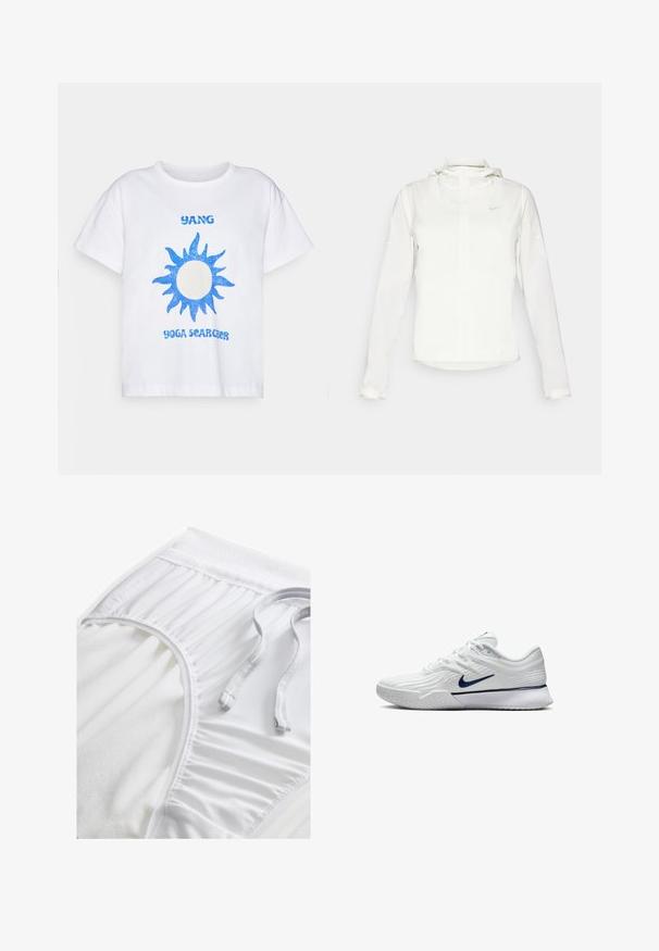 Witte Nike-jack met een capuchon, volledige rits, elastische manchetten en een subtiele logo op de borst. Gladde textuur en lichtgewicht ontwerp.; Witte katoenen t-shirt met een blauwe glinsterende zon graphic en de tekst "YANG YOGA SEARCHER" in blauwe letters. Korte mouwen en een relaxte pasvorm.; Witte sportshorts met een gestructureerde tailleband, geplooide zijkanten en een platte trekkoord. Zachte stof met een gladde afwerking.; Witte sportschoen met een gestructureerde mesh bovenkant, marineblauwe accenten en een gevoerde zool met een gemusterde grip. Veters geïntegreerd in het ontwerp.