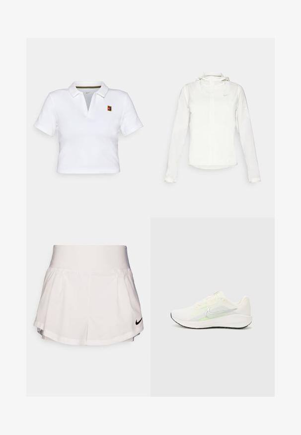 Vit Nike-jacka med huva, hel dragkedja, elastiska ärmslutar och en diskret logotyp på bröstet. Slät textur och lätt design.; Vit kortärmad polo med krage, prydd med en liten färgad Nike-logotyp och en flerfärgad randig detalj inuti kragen.; Nike Performance SHORT - Träningsshorts - white/black; Nike Performance DOWNSHIFTER 13 - Väglöparskor - sail/silver-coloured photon dust/summit white/barely volt/black