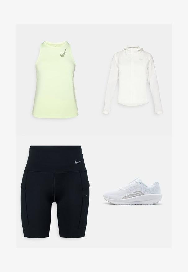 Giacca Nike bianca con cappuccio, zip completa, polsini elasticizzati e un logo discreto sul petto. Texture liscia e design leggero.; Canottiera sportiva gialla chiaro con scollatura rotonda, design senza maniche e un piccolo logo grigio Nike sul lato sinistro superiore.; Shorts sportivi neri a vita alta realizzati in materiale elasticizzato; presentano tasche laterali e un piccolo logo Nike sulla vita.; Scarpa sportiva bianca con tomaia in rete, punta arrotondata e suola testurizzata. Presenta il logo Nike in argento e un design minimalista.