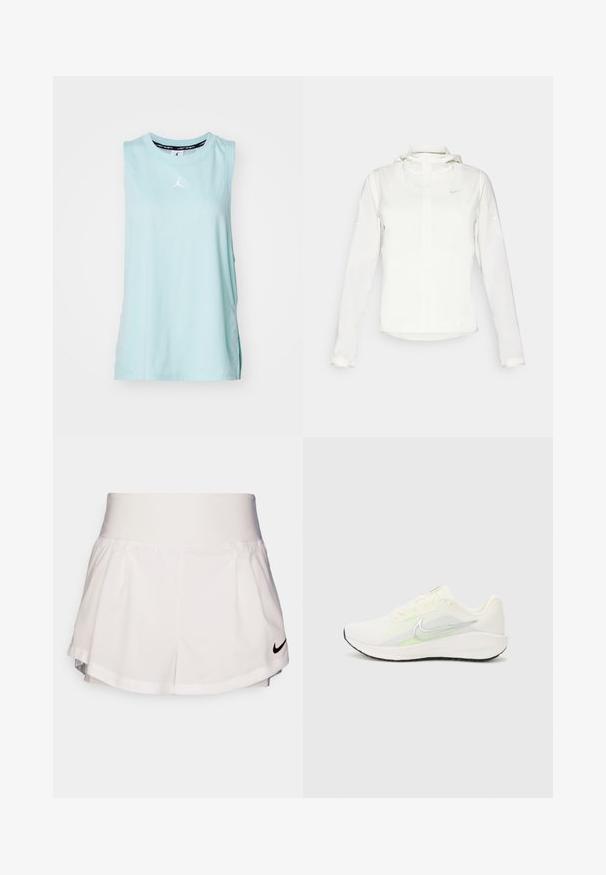 Hvid Nike-jakke med hætte, fuld lynlås, elastiske manchetter og et diskret logo på brystet. Glat tekstur og let design.; Lyseblå ærmeløs bomuldsbluse med rund halsudskæring og et hvidt Jordan-logo på brystet. Glat tekstur med sidesømme.; Nike Performance SHORT - Korte sportsbukser - white/black; Nike Performance DOWNSHIFTER 13 - Løbesko til landevejen - sail/silver-coloured photon dust/summit white/barely volt/black
