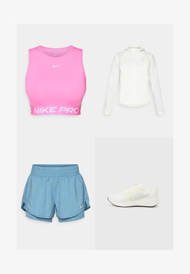 Hvit Nike-jakke med hette, hel glidelås, elastiske mansjetter og en diskret logo på brystet. Glatt tekstur og lett design.; Nike Pro sportBH i sterk rosa, med en tettsittende design, rund halslinning og bred hvit elastisk band med merke nederst.; Lyseblå idrettsshorts med en bred elastisk midjebånd, indre fôr og sidesplitter for enkel bevegelse. Har et lite hvitt logo.; Nike Performance DOWNSHIFTER 13 - Løpesko for vei - sail/silver-coloured photon dust/summit white/barely volt/black