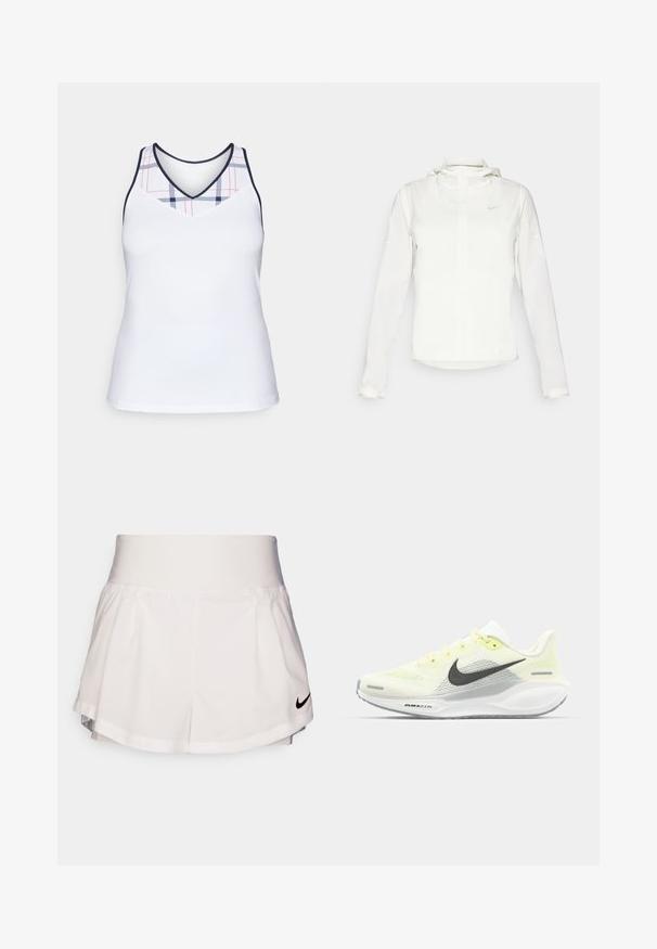 Giacca Nike bianca con cappuccio, zip completa, polsini elasticizzati e un logo discreto sul petto. Texture liscia e design leggero.; Canottiera bianca sportiva con scollatura a V e motivo a scacchi in blu navy e rosso nella parte superiore. Tessuto liscio e leggero.; Nike Performance SHORT - Pantaloncini sportivi - white/black; Scarpe da corsa Nike con una tomaia in rete giallo chiaro e bianco, dettagli grigi e una suola in gomma flessibile. Presentano una chiusura con lacci.
