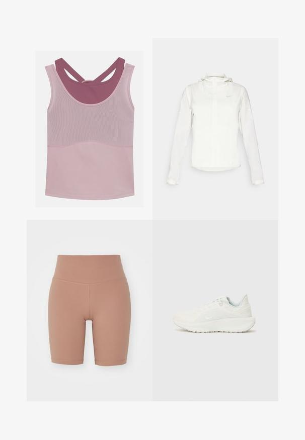 Valkoinen Nike-takki hupulla, täyspitkällä vetoketjulla, joustavilla hihansuilla ja hillityllä logolla rinnassa. Sujuva pinta ja kevyt muotoilu.; Even&Odd active Toppi - light pink/mauve; Korkeavyötäröiset pyöräilyshortsit beige värissä, joustavasta materiaalista valmistettu, jossa on sileä pinta ja siistit saumat mukavuutta ja istuvuutta varten.; Valkoiset urheilusukat, joissa on teksturoidut päälliset, pehmustettu nilkkaosa ja nauhakiinnitys. Ominaisuuksiin kuuluu kaareva ulkopohja ja hillitty brändäys sivulla.
