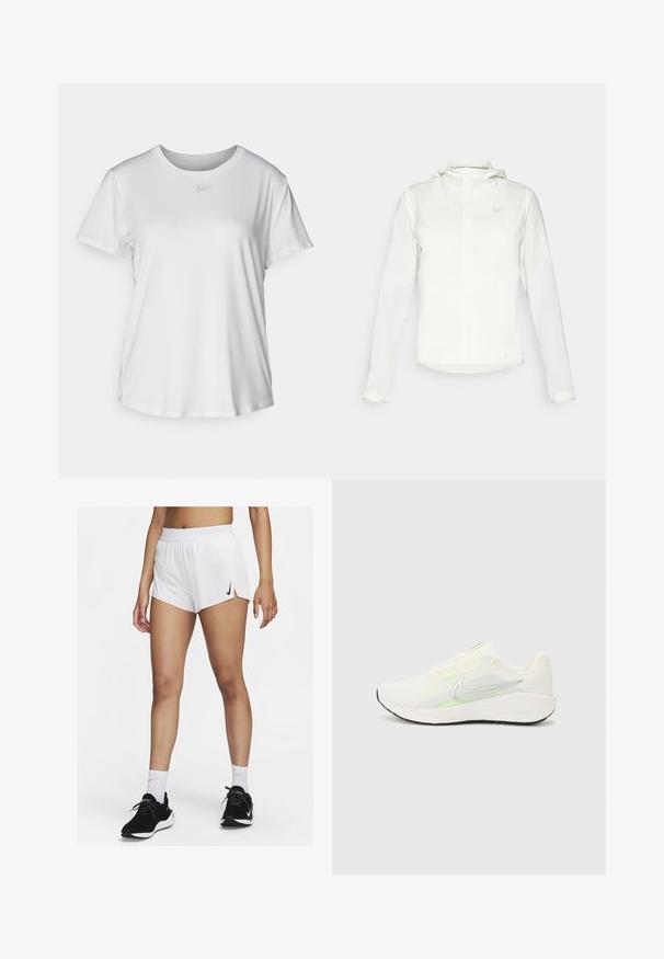 Chaqueta blanca de Nike con capucha, cremallera completa, puños elásticos y un logo sutil en el pecho. Textura suave y diseño ligero.; Camiseta blanca de manga corta hecha de tejido suave, con un escote redondo y un pequeño logo de Nike gris en el pecho.; Pantalones cortos deportivos blancos con cinturilla acanalada, aberturas laterales y un logo negro de Nike. Se llevan con zapatillas negras y calcetines blancos hasta la mitad de la pantorrilla.; Nike Performance DOWNSHIFTER 13 - Zapatillas running asfalto - sail/silver-coloured photon dust/summit white/barely volt/black