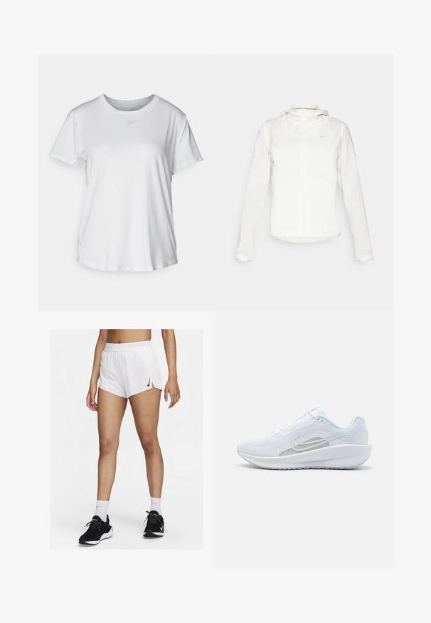 Balta Nike jaka ar kapuci, pilna rāvējslēdzēja, elastīgām piedurknēm un diskrētu logotipu uz krūšu daļas. Gluda tekstūra un viegla konstrukcija.; Balta īsām piedurknēm T-kreklā, kas izgatavota no gludas auduma, ar apaļo kakla izgriezumu un mazu pelēku Nike logo uz krūšu.; Baltas sporta šorti ar ribotu jostas vietu, sānu šķēlumiem un melnu Nike logotipu. Valkāti ar melniem sporta apaviem un baltām ikru zeķēm.; Baltas sporta apdedzinājums ar sietu augšdaļu, noapaļotu purngalu un teksturētu zoli. Tam ir sudraba Nike zvīņa un minimālisma dizains.