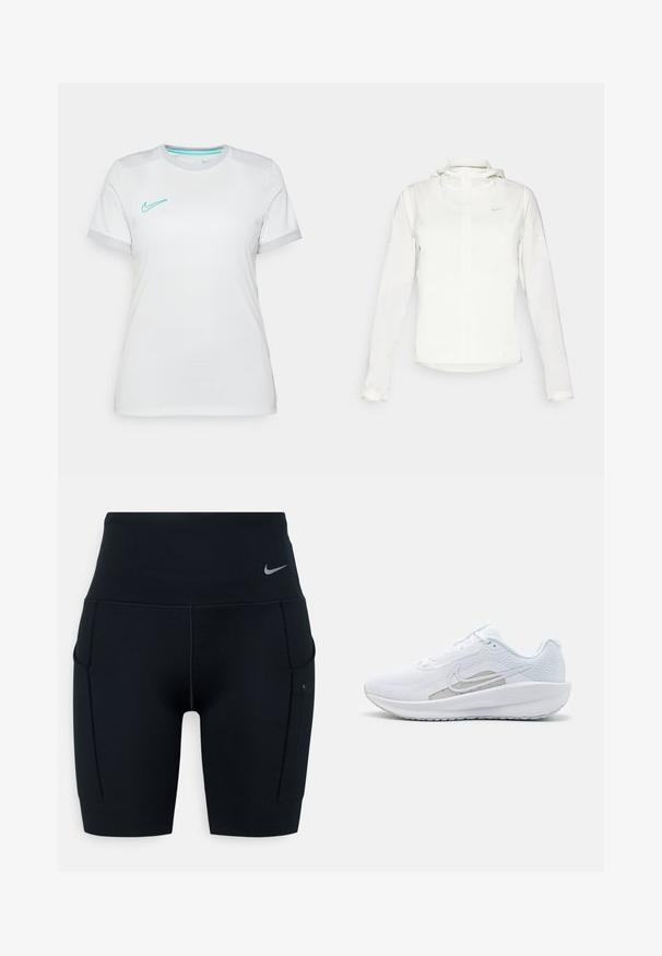 Chaqueta blanca de Nike con capucha, cremallera completa, puños elásticos y un logo sutil en el pecho. Textura suave y diseño ligero.; Camiseta blanca de Nike con mangas cortas. Presenta un logo del swoosh de Nike en turquesa y detalles grises en los puños de las mangas, fabricada con un material ligero.; Shorts deportivos negros de talle alto hechos de material elástico; cuentan con bolsillos laterales y un pequeño logotipo de Nike en la cinturilla.; Zapatilla deportiva blanca con parte superior de malla, punta redondeada y suela texturizada. Presenta un swoosh de Nike plateado y un diseño minimalista.