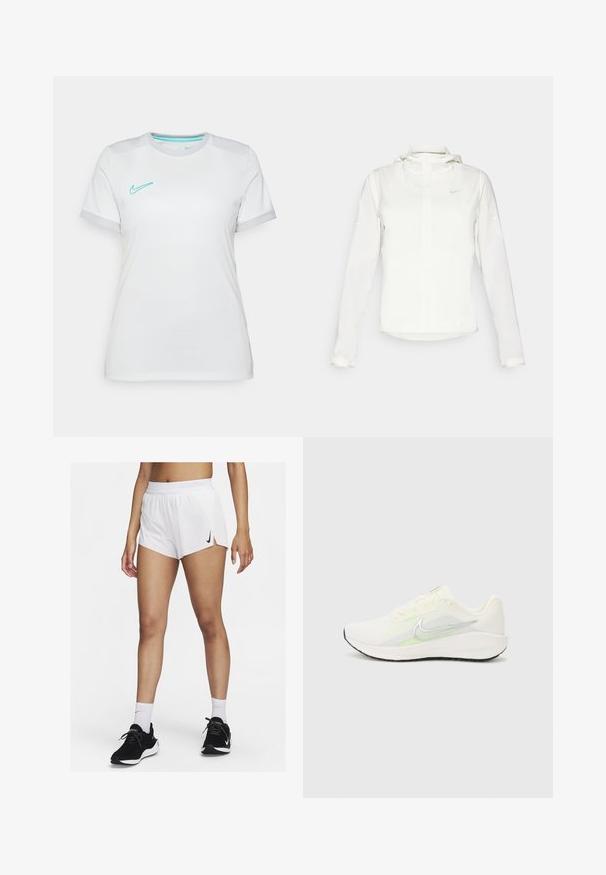 Bílá bunda Nike s kapucí, plným zipem, elastickými manžetami a decentním logem na hrudi. Hladká textura a lehký design.; Bílý tričko Nike s krátkým rukávem. Má tyrkysové logo Nike swoosh a šedé detaily na manžetách rukávů, vyrobené z lehkého materiálu.; Bílé sportovní šortky s žebrovaným pasem, bočními rozparky a černým logem Nike. Nošeny s černými teniskami a bílými ponožkami po kotníky.; Nike Performance DOWNSHIFTER 13 - Silniční běžecké boty - sail/silver-coloured photon dust/summit white/barely volt/black