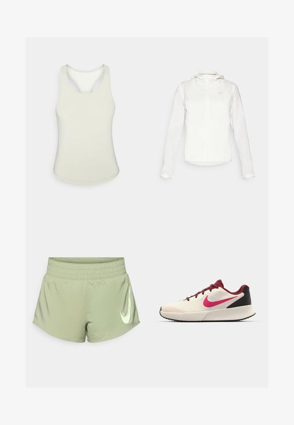 Bijela Nike jakna s kapuljačom, punim zatvaračem, elastičnim manžetama i suptilnim logotipom na prsima. Glatka textura i lagan dizajn.; Svijetlozeleni atletski top s okruglim izrezom i dizajnom s racerback. Izrađen od glatkog rastezljivog materijala. Bez vidljivih uzoraka ili naglaska.; Svijetlozeleni atletski šortsevi s elastičnom waistskom, koji sadrže istaknuti bijeli Nike swoosh logo na donjoj desnoj strani.; Nike trenera za trčanje u krem boji s teksturiranim gornjim dijelom, maroon akcentima, ružičastim logotipom i crnim stražnjim dijelom. Ima lagani potplat.